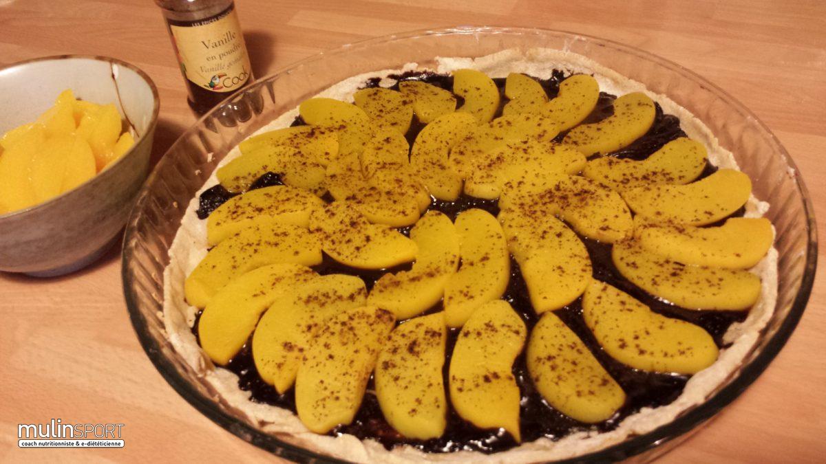 Tarte flan chocolat et peches au sirop leger vanillee★