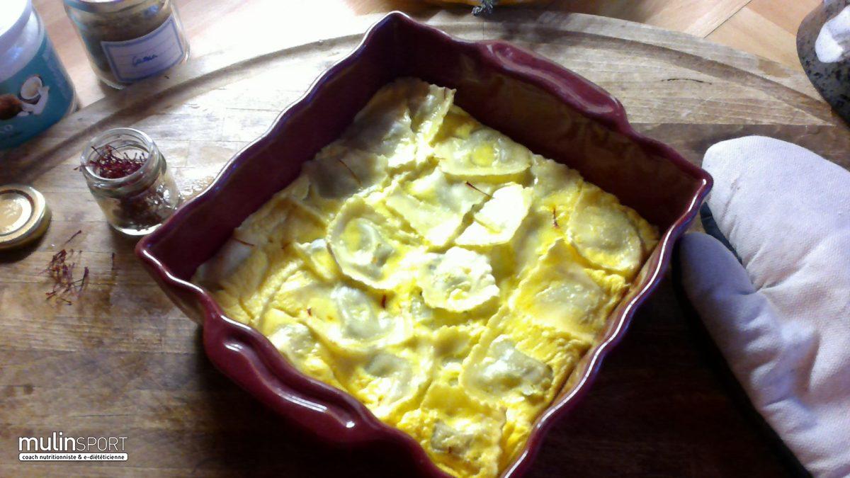 Gratin de raviolis tofu à la brousse de brebis et safran